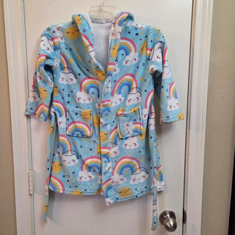 Kids Blue Rainbow Sun Cloud Hooded Fleece Bathrobe Size Medium M Plush Robe